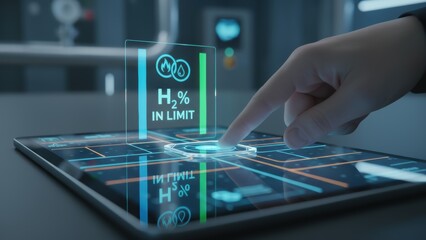 Hydrogen Fuel Future Energy Holographic interface displaying hydrogen levels with a hand interacting on a futuristic touchscreen.
