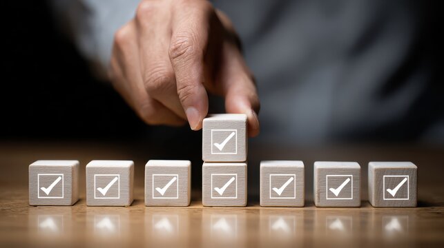 Hand stacking wooden blocks with check marks symbolizing achievement and progress in business, education, or personal development on a dark background