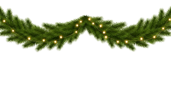 Realistic green fir branches with warm yellow string lights forming a festive garland isolated on a transparent background