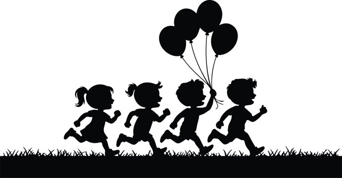 Silhouette of Happy Children Running with Balloons Enjoying Friendship Outdoors Promoting Happiness and Fun in Activity and Celebrating Together