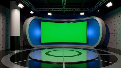 Green screen studio with curved blue walls and stage lighting