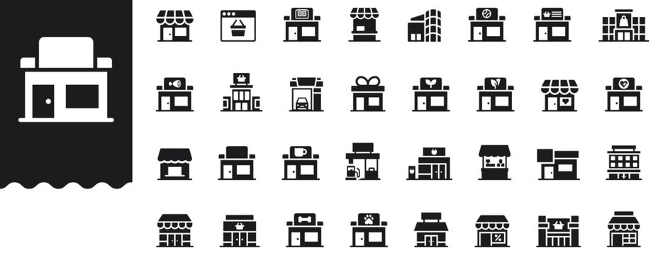 Retail Icons set vector illustration with collection of store, shop, mall, storefront, e-commerce, sale, discount, supermarket, grocery, gift, mall, pet shop, gas station, pharmacy, coffee, boutique.