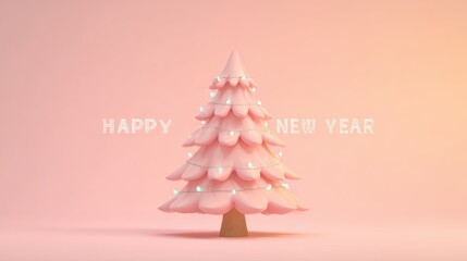 Pink Christmas tree with Happy New Year text on a pastel pink background