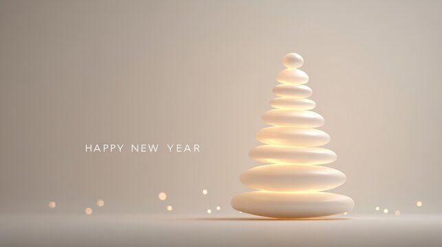 Abstract New Year's tree made of white stones on a beige background