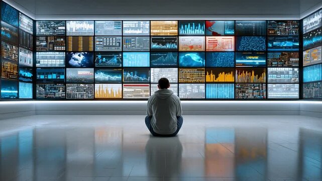 Data Analysis and Introspection: A solitary individual is absorbed in the depths of analysis, his gaze fixed upon a wall of screens. The scene blends technology with introspection.
