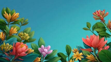 Vibrant Floral Background with Colorful Flowers and Green Leaves on a Soft Blue Gradient, Perfect for Digital and Print Projects
