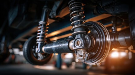 Close-up View of Automobile Suspension System with Springs and Shock Absorbers in a Mechanic Workshop Setting