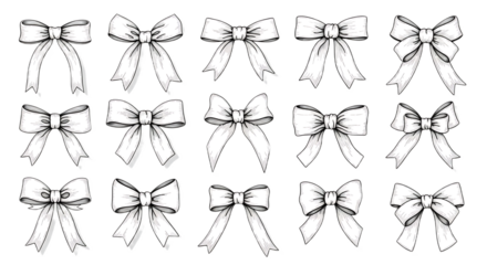 A collection of fifteen white ribbon bows in varying styles on a black background design element