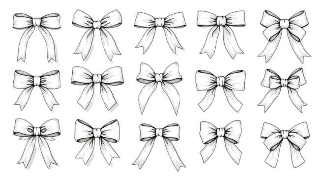 A collection of fifteen white ribbon bows in varying styles on a black background design element - Powered by Adobe