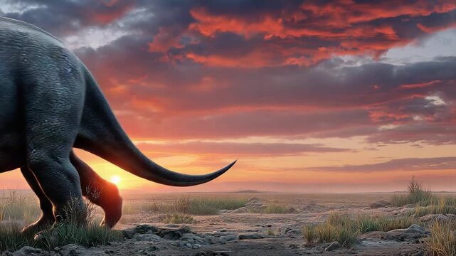 Ancient Giants at Sunset: A colossal dinosaur traverses a prehistoric landscape, its silhouette against a fiery sunset, evoking the majesty of a forgotten era. 