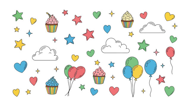 Colorful Party Elements: A delightful array of hand-drawn party elements, including cupcakes, stars, hearts, clouds, and balloons, creating a whimsical and festive atmosphere for a joyful celebration.
