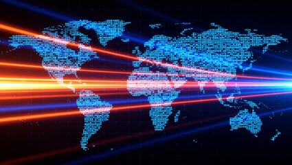 Digital world map with glowing light rays