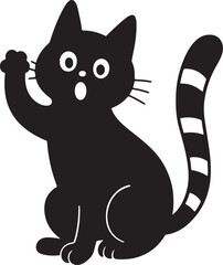 Playful cat with striped tail raised in surprise or greeting gesture silhouette vector