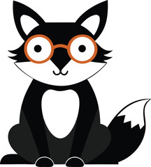 Stylized black and white vector illustration of a clever fox wearing round glasses sitting calmly white background
