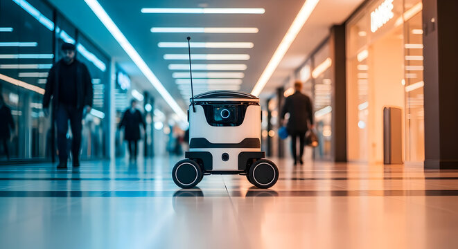 Witness the future of retail with this autonomous delivery robot navigating a modern shopping mall, promising efficiency and innovation for businesses.