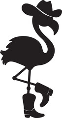  Whimsical flamingo wearing cowboy hat and star spangled boots standing on one leg silhouette vector