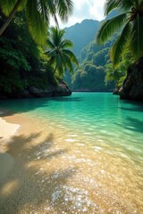 Crystal clear water laps golden sand, lush jungle backdrop , untouched, sea, picture