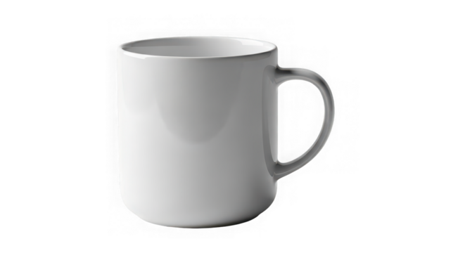A white ceramic mug with a handle isolated on a transparent background