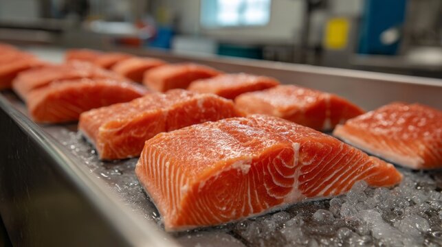 Fresh salmon fillets are neatly arranged on a bed of ice in a bustling seafood processing facility. The vibrant orange color highlights their quality and freshness, inviting culinary creativity