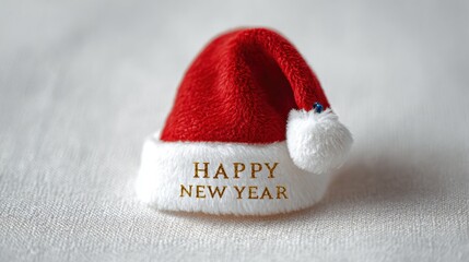 Miniature Santa hat with Happy New Year message on a white background