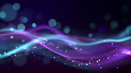 Neon background of purple and blue gradient glowing digital waves. Futuristic technology concept, vibrant energy. Dynamic waves flow with neon light and bokeh. Innovations, virtualization. 