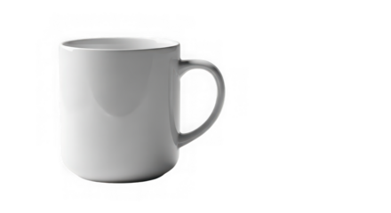 Single white ceramic mug with handle isolated on a transparent backdrop