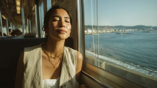 女性が海沿いを走る午後の電車で旅の光に目を閉じて微笑む