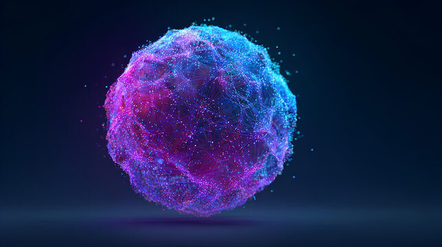 Neon futuristic 3d sphere, virtual reality, abstract technology concept. Vibrant particle liquid sphere. Purple and blue gradient technology sphere. Artificial Intelligence, big data. - Powered by Adobe