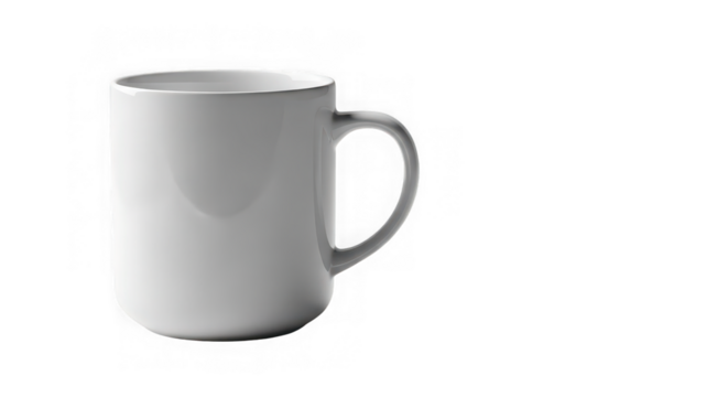 Single white ceramic mug with handle isolated on a transparent backdrop