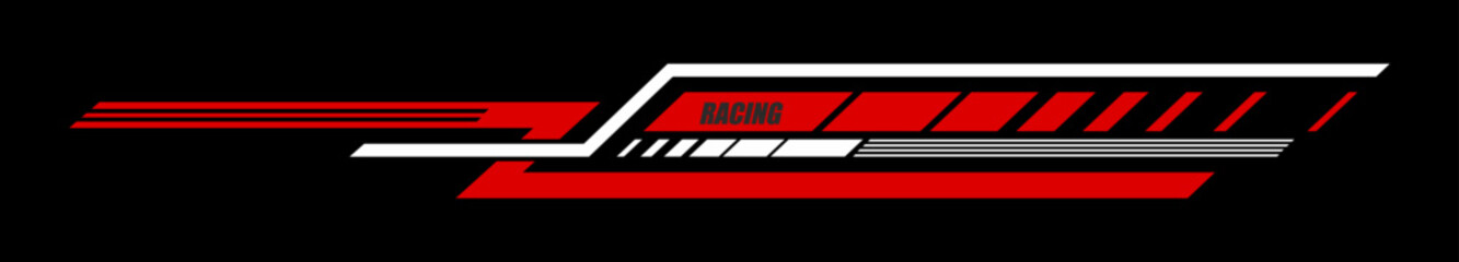Naklejka premium Race car, rally motorsport sticker or symbol. Road racing competition tag, speed drive championship stripe vector sticker. Drift and drag motorsport decal patch, car race red and white abstract label