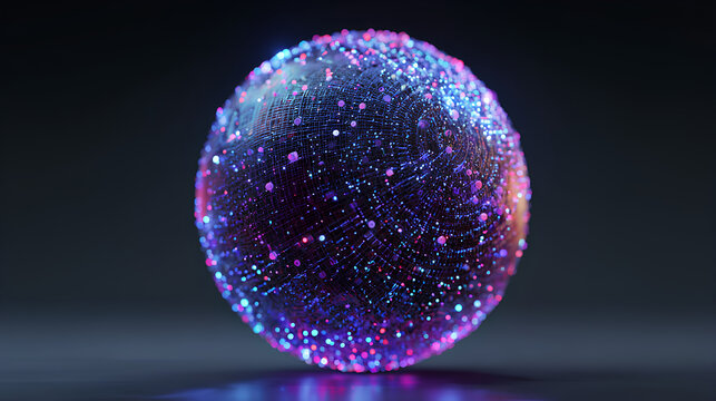 Neon futuristic 3d sphere, virtual reality, abstract technology concept. Vibrant particle liquid sphere. Purple and blue gradient technology sphere. Artificial Intelligence, big data. 