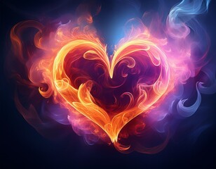 glowing heart shape formed by swirling fiery orange and pink smoke against a dark blue smoky background conveying warmth and passion