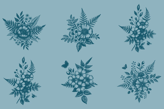 Hand-drawn Spring flowers bouquets with Vintage bouquet vector. Greeting card with flowers in an engraving style in brow. Eps 10