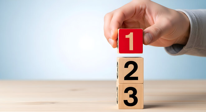 Captivating image showcases a hand placing a red block labeled '1' atop a stack of blocks marked '2' and '3', symbolizing growth and progression now.