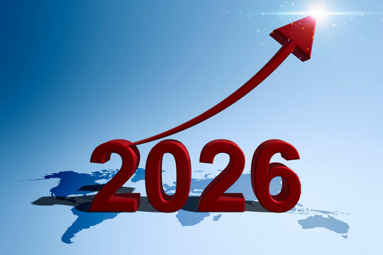 Year 2026 with an increase arrow and a worldwide map on a colored background. Happy New Year concept or Celebration. Future financial growth in the new year - Powered by Adobe