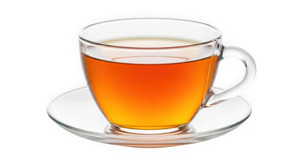 A clear glass teacup filled with tea on a white saucer isolated on a transparent background
