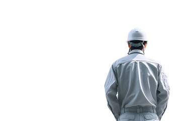 クリーンな白背景で佇む日本人作業員の後ろ姿（安全ヘルメット）