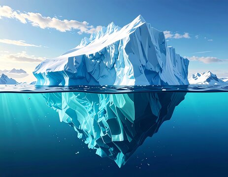 Large blue and white iceberg floating in pristine waters, with a reflection and sunbeams underwater. Clear sky
