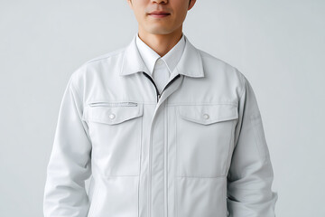 白背景で微笑む日本人男性作業員のバストアップと清潔感ある構図