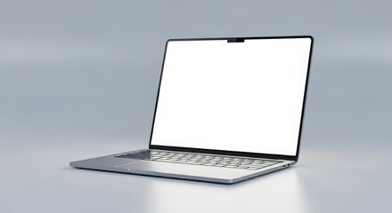 Sleek silver laptop with a blank white screen on a minimalist gray surface perfect for showcasing websites apps or digital content in a modern and professional way