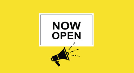 Black megaphone with now open sign on bright yellow background announcement advertising