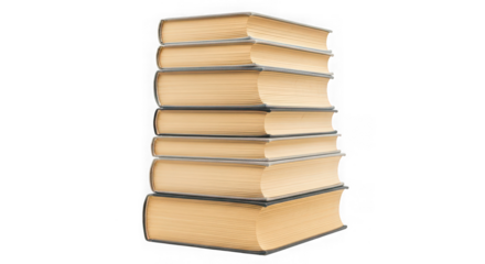 A stack of seven closed books with yellowed pages on a transparent background