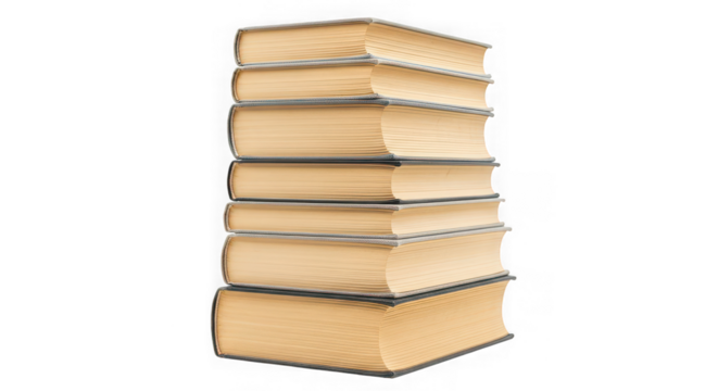 A stack of seven closed books with yellowed pages on a transparent background