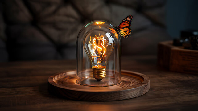 Wooden table with a glass of red wine, a light bulb, and a beverage bottle, creating a romantic restaurant light setting - Powered by Adobe
