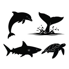Obraz premium Marine Life Silhouettes Set Dolphin Whale Shark Turtle Graphic Icons