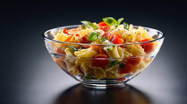 A clean glass bowl with cold pasta salad, contemporary tabletop, copy space