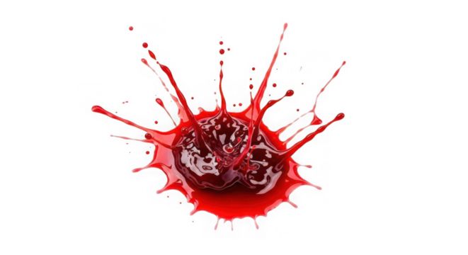 Red liquid splash with droplets isolated on a transparent background