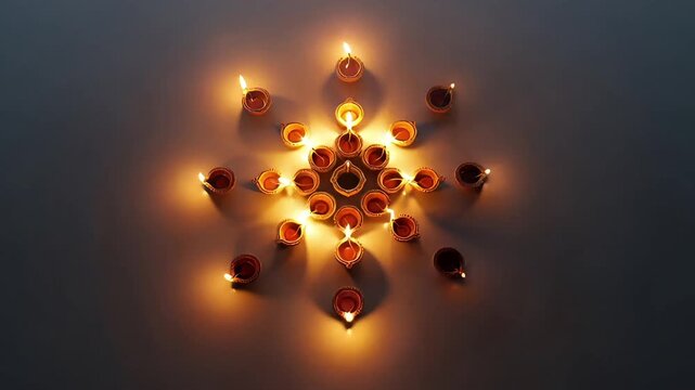 Circular Arrangement Of Candles With Warm Glow In Starburst Pattern For Dev Diwali