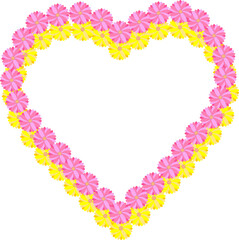 メッセージカードや装飾に最適！花で作られた綺麗な二重のハートイラスト_ピンク＆イエロー
