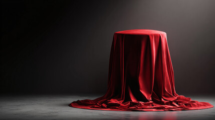 A round red velvet curtain covered platform, showcasing an object yet to be revealed, set against a dark background, evoking anticipation and mystery.